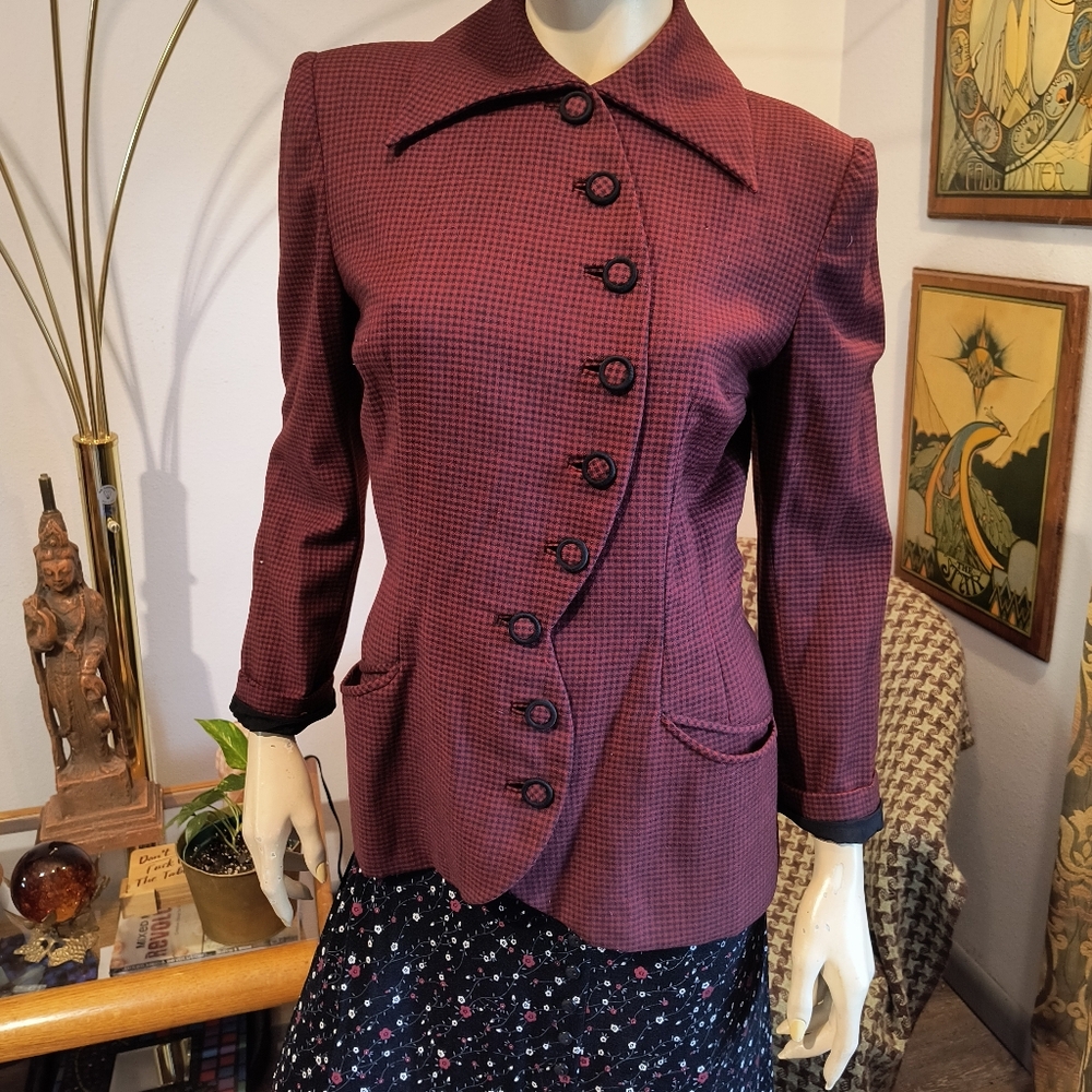 Vtg 1940s Burgundy and Black Blazer Asymmetrical Virgin Wool Miron Woolens